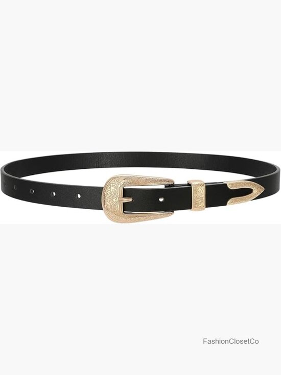 Western Skinny Leather Belt with Carved Buckle for Women 0.8\